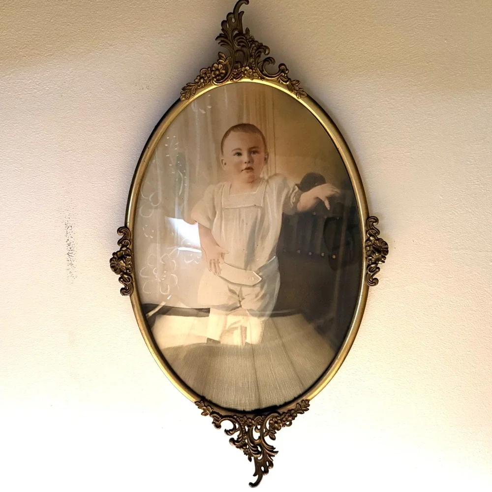 Antique Oval Bubble Glass Ornate Metal Frame Hand Colored Child Portrait Vintage